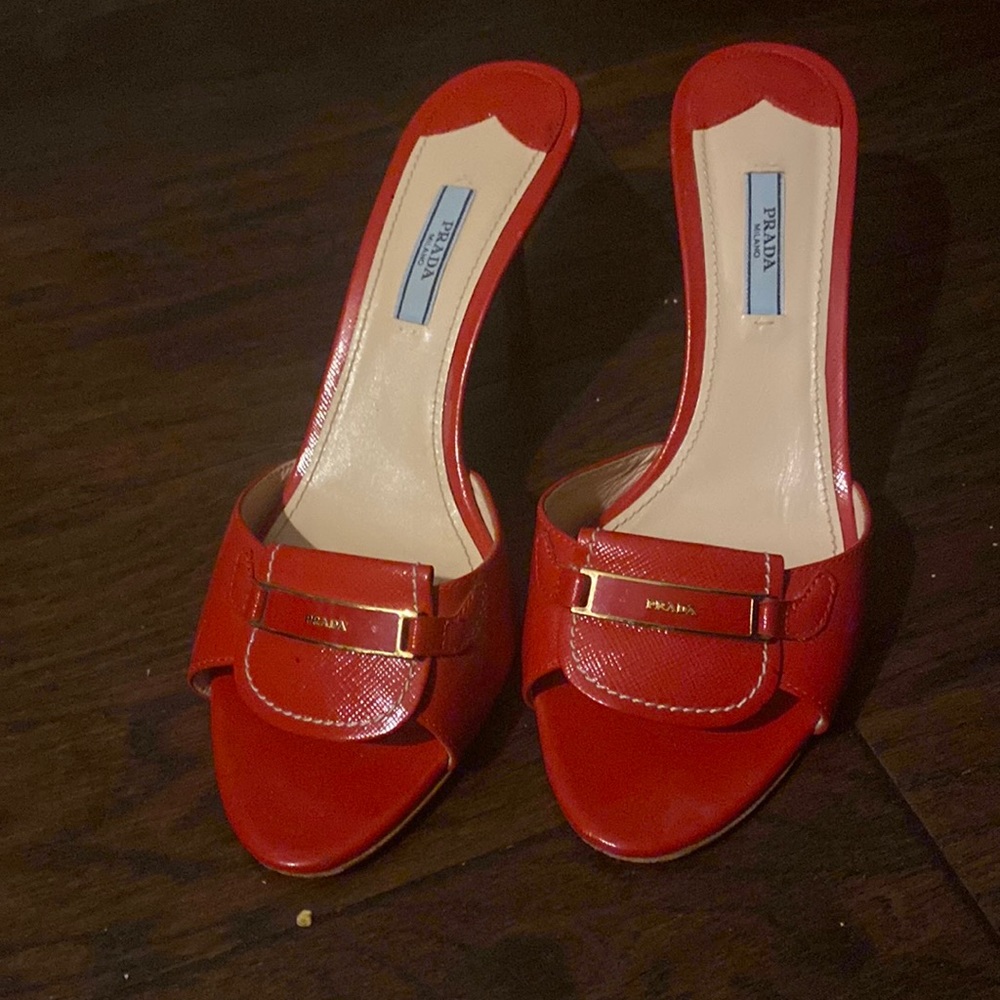 Prada Red Leather Buckle Mules